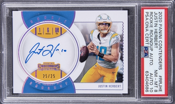 2020 Panini Contenders "Rookie Roundup Autographs" #JHE Justin Herbert Signed Rookie Card (#25/25) - PSA NM-MT 8, PSA/DNA 10